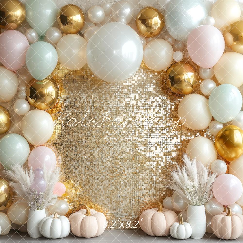 Kate Balloon Gold Pastel Pumpkin Sequin Wall Backdrop Designed by Mini MakeBelieve