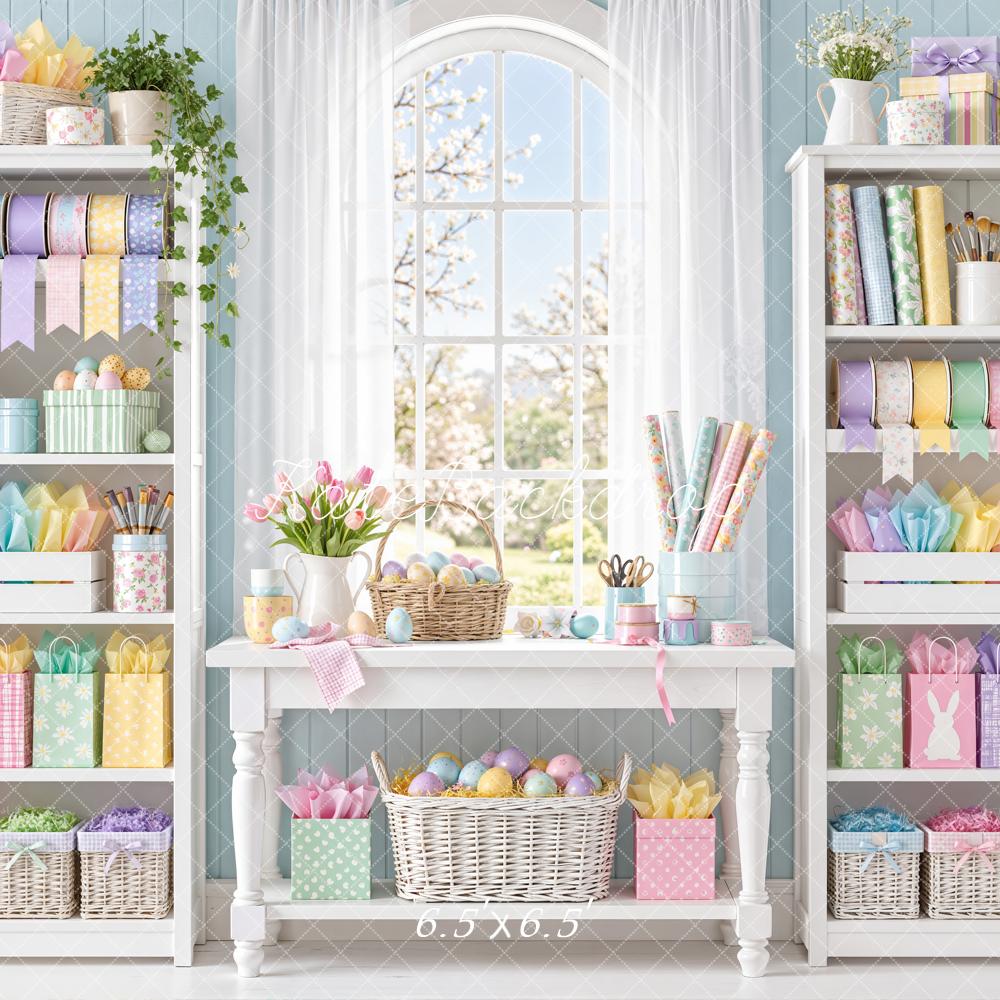 Kate Easter Bunny Pastel Craft Room Shelves Window Printed Backdrop Designed by Emetselch