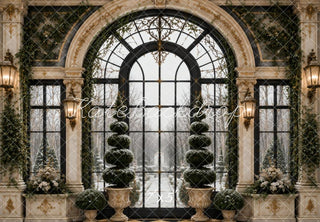 Kate Elegant Arched Window Ivy Topiary Snow Garden Printed Backdrop Designed by Vertigo Productions