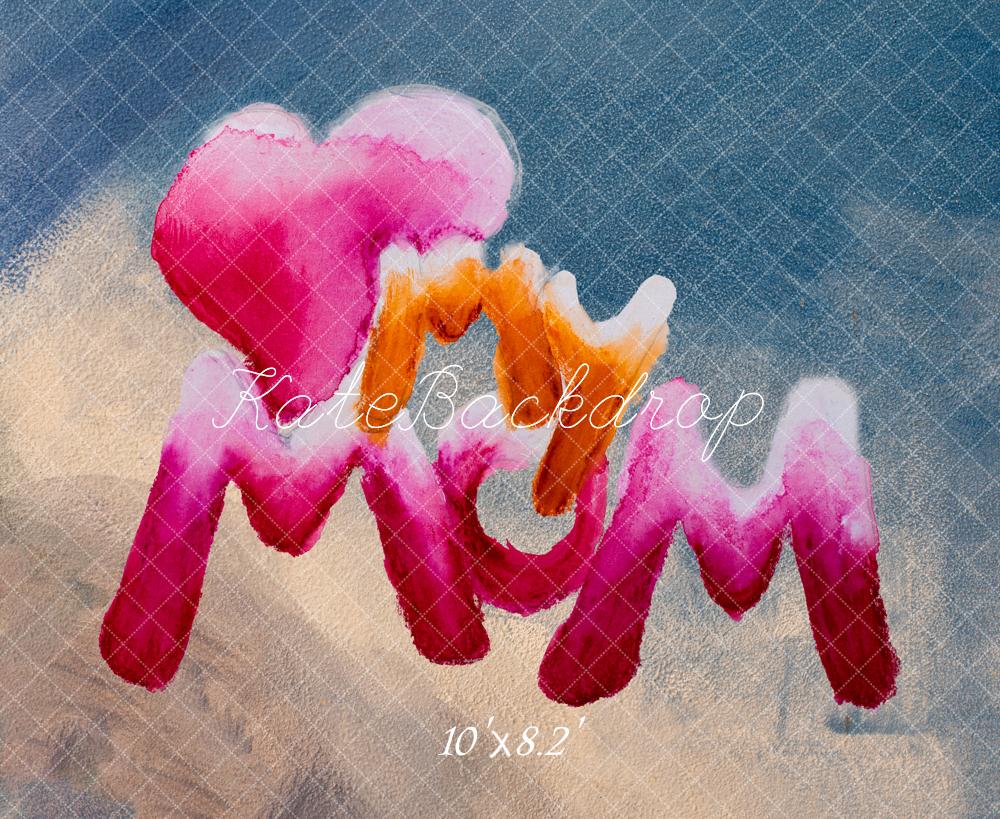 Kate Mother's Day Watercolor Mom Heart Text Blue Backdrop Designed by Fantasyphotoart