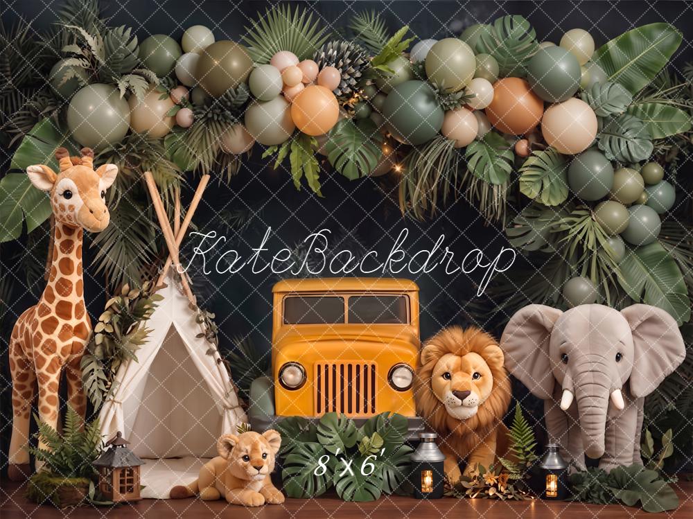 Kate Cake Smash Jungle Jeep Balloon Animals Printed Backdrop Designed by Chain Photography