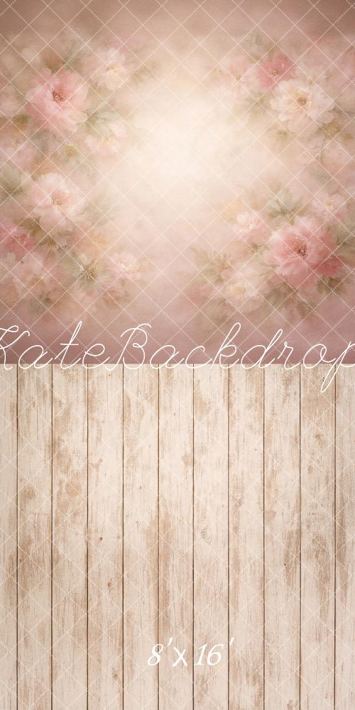 Kate Sweep Pink Floral Wall Beige Wood Floor Printed Backdrop Designed by Mandy Ringe Photography
