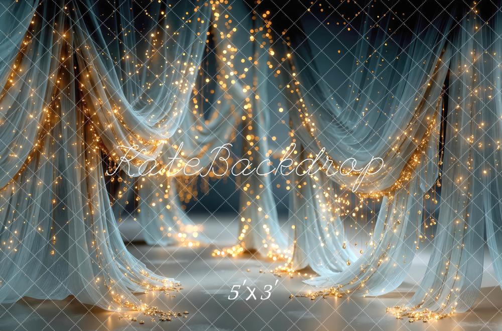 Kate Blue Drapes String Lights Printed Backdrop Designed by Mini MakeBelieve