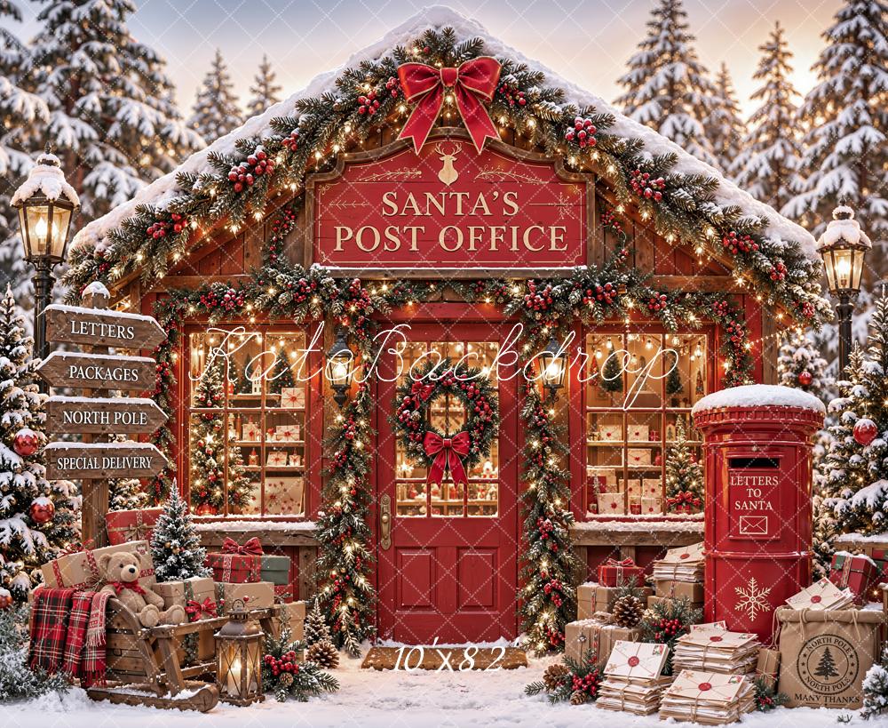 Kate Christmas Santa Post Office Mailbox Letters Snowy Printed Backdrop Designed by Emetselch