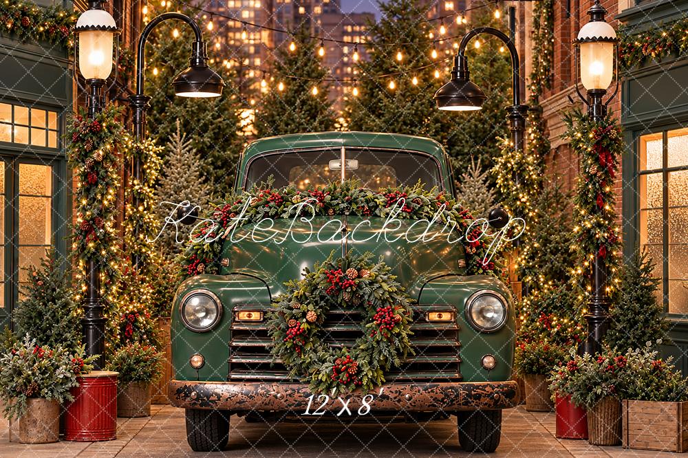 Kate Christmas Urban  Green Vintage Truck Downtown Wreath Printed Backdrop Designed by Angela Miller