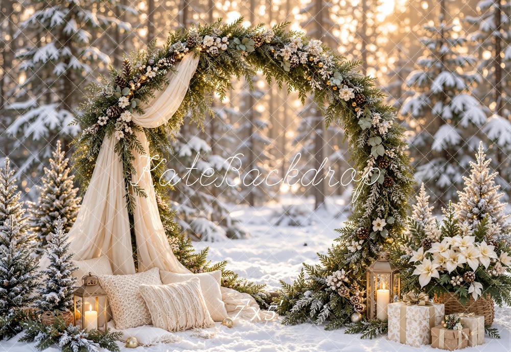 Kate Christmas Winter Circle Flower Arch Drapes Snowy Forest Printed Backdrop Designed by Emetselch