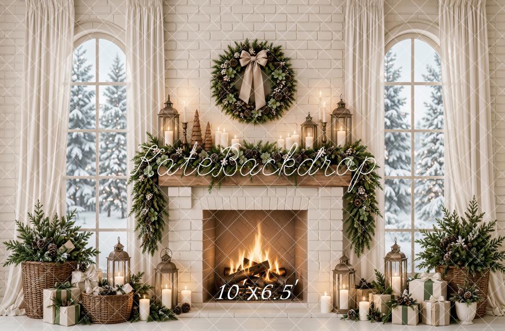Kate Christmas White Brick Fireplace Wreath Arched Window Printed Backdrop Designed by Emetselch