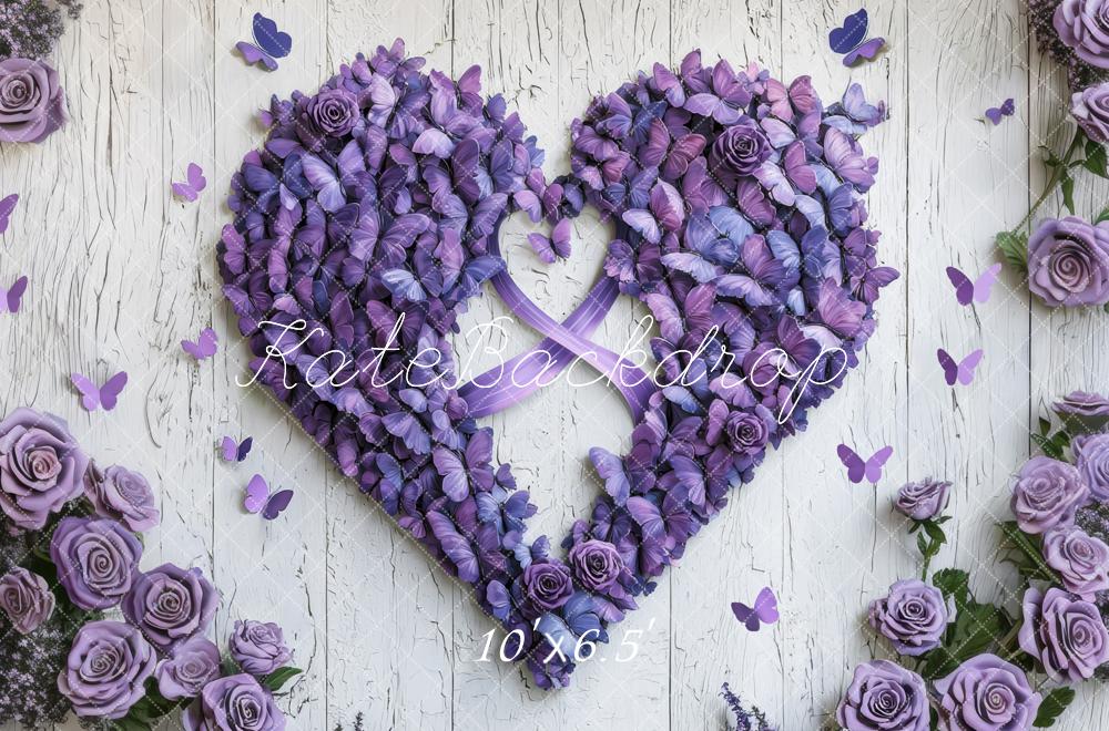Sfondo in Legno con Farfalle e Cuori Floreali Viola Designed by Mini MakeBelieve