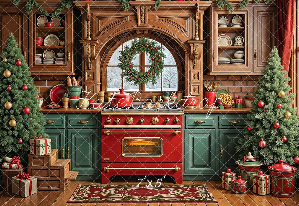 Kate Christmas Kitchen Cabinets Red Oven Wreath Trees Backdrop Designed by Emetselch