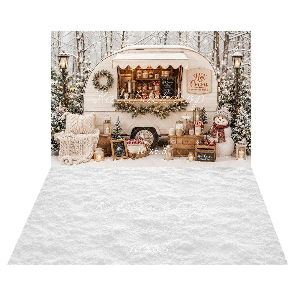 Kate Christmas Hot Cocoa Camper Snowy Forest Snowman Printed Backdrop+White Snow Floor Printed Backdrop