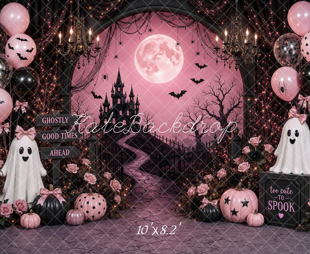 Kate Halloween Birthday Pink Gothic Castle Moon Ghosts Printed Backdrop Designed by Shutter Swan Studios