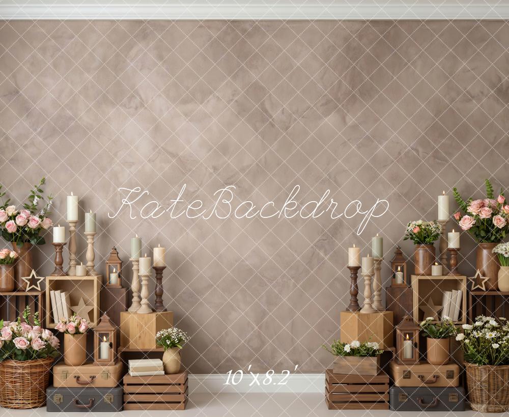 Kate Vintage Flowers Candles Wooden Crates Brown Printed Backdrop Designed by Mini MakeBelieve