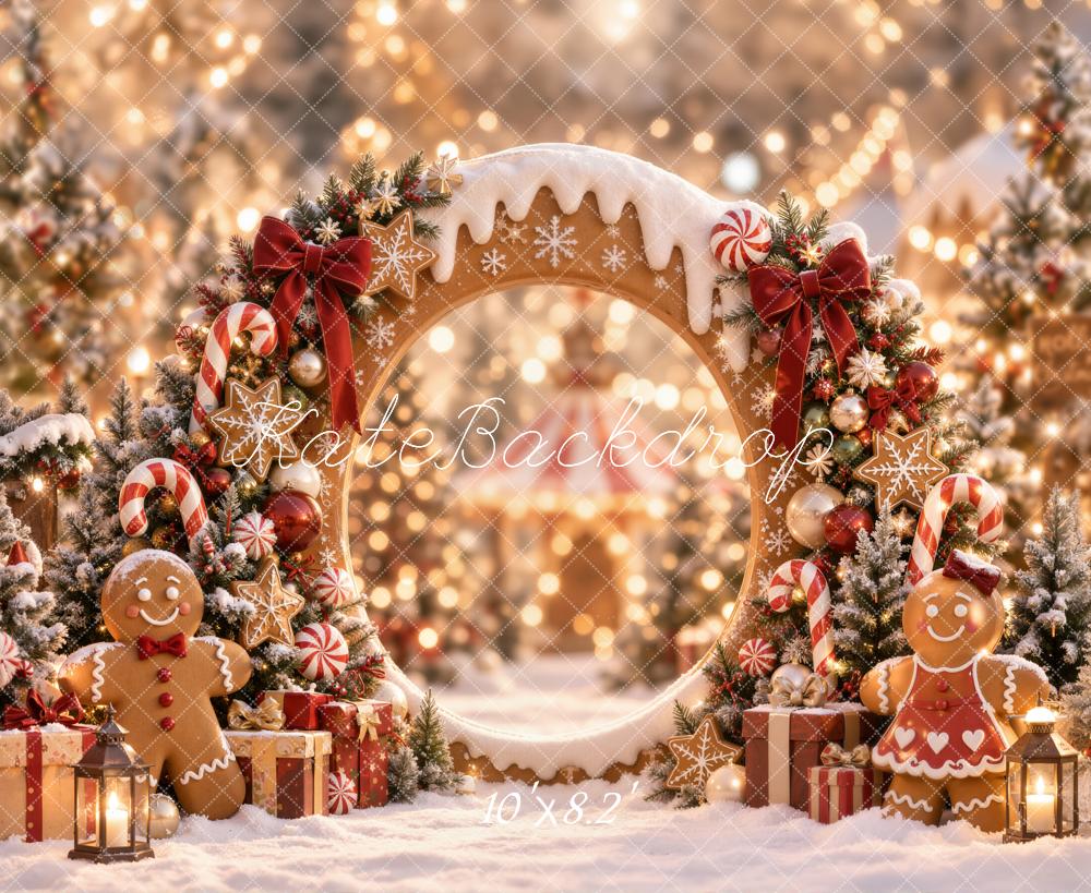 Kate Christmas Gingerbread Circle Arch Candy Cane Snowy Printed Backdrop Designed by Emetselch
