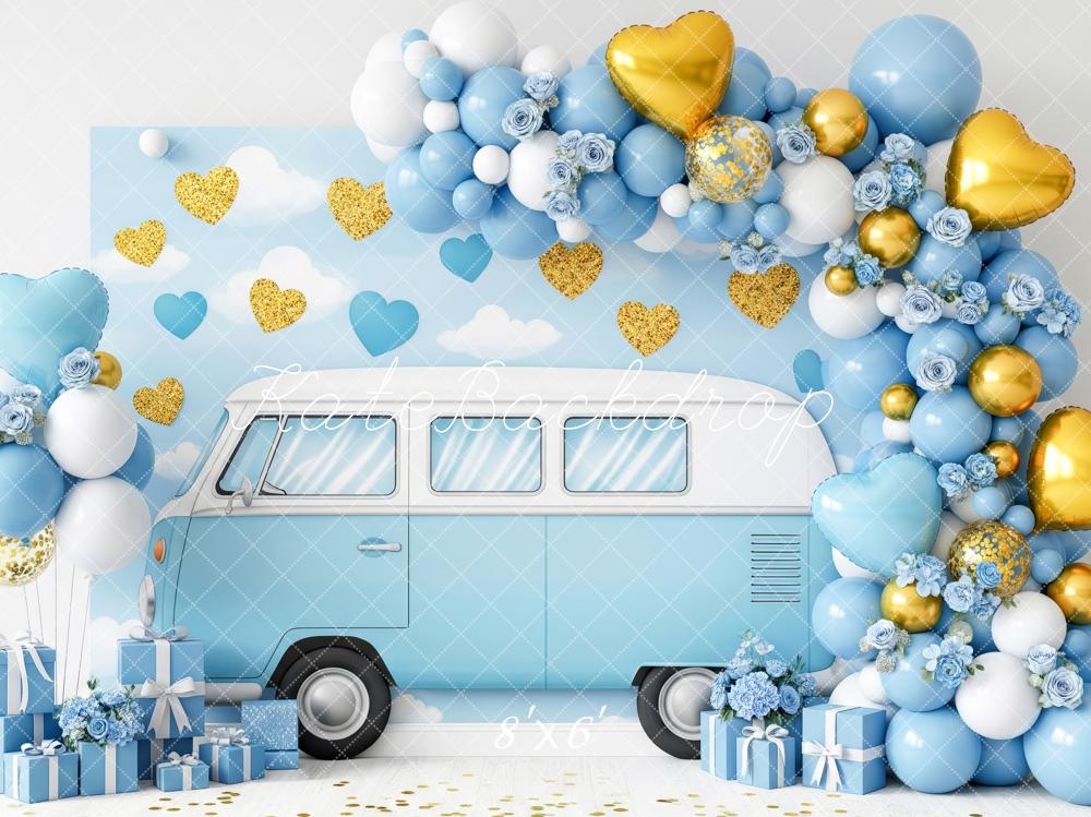 Kate Cake Smash Retro Van Balloons Hearts and Gifts Backdrop Designed by Patty Roberts