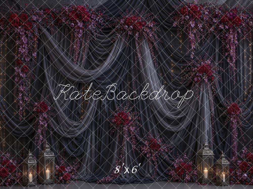 Kate Halloween Dark Drapes Floral Lanterns Printed Backdrop Designed by Chain Photography