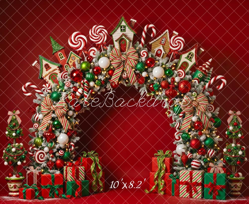 Kate Christmas Red Candy Cane Arch Gingerbread Houses Printed Backdrop Designed by Patty Roberts