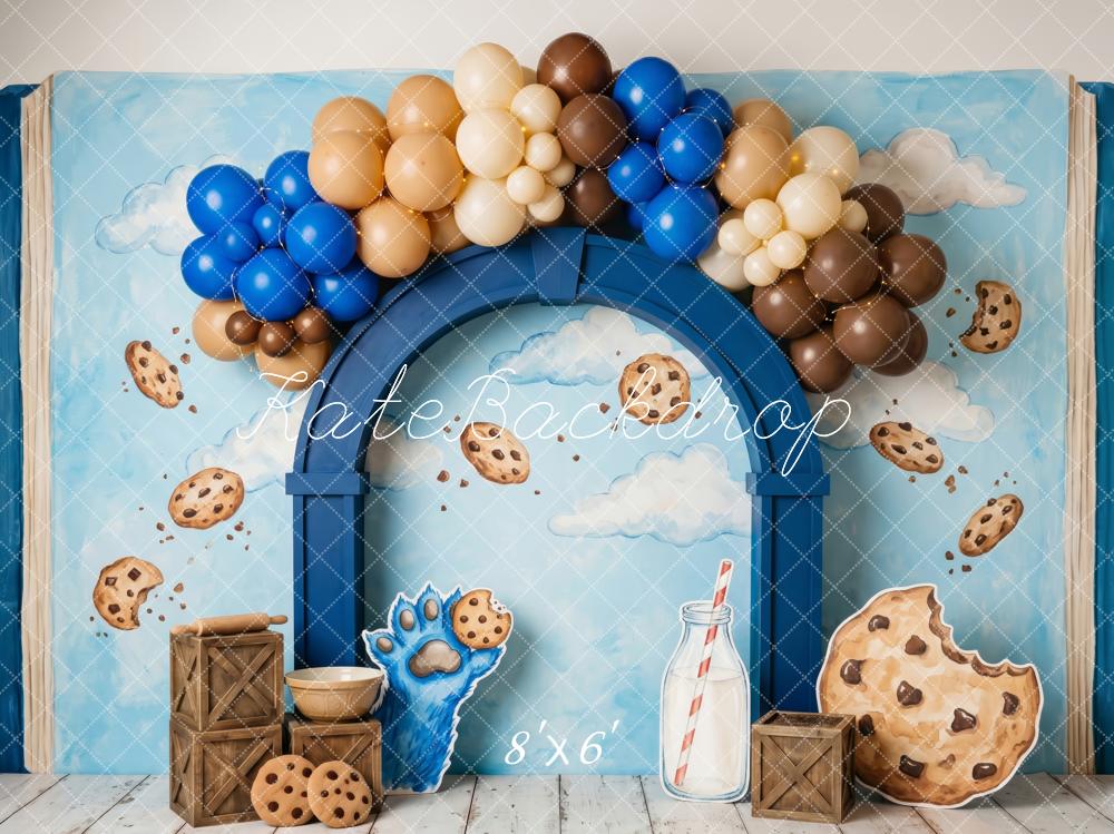 Kate Cake Smash Blue Cookie Character Milk Balloon Arch Printed Backdrop Designed by Patty Roberts