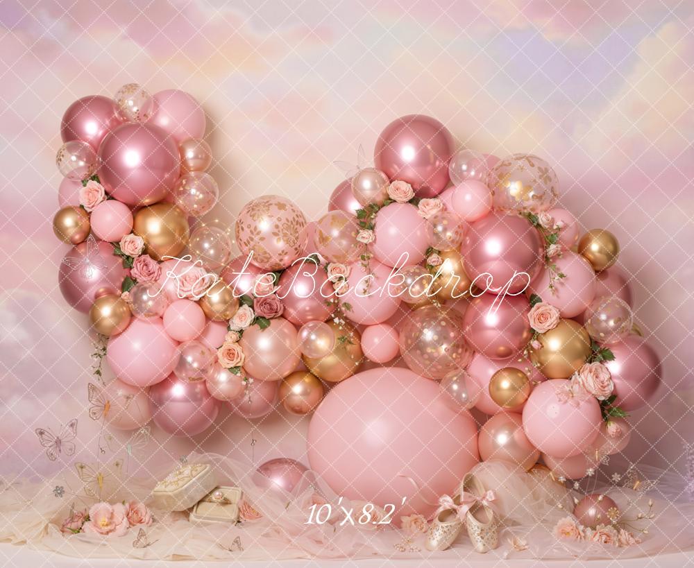 Kate Cake Smash Pink Balloon Arch Rose Gold Floral Printed Backdrop Designed by Emetselch