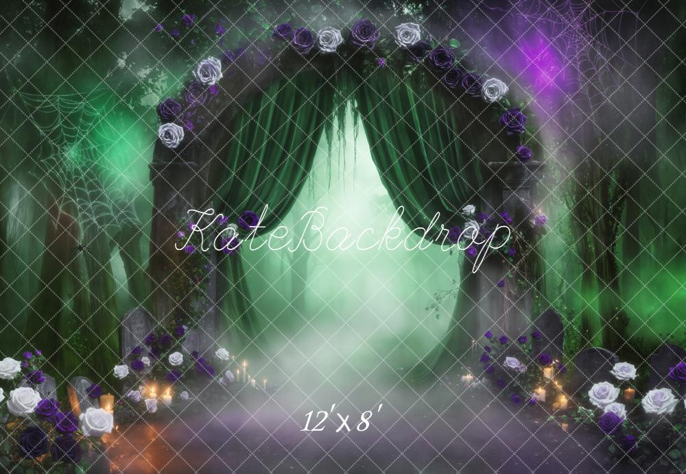 Kate Halloween Gothic Misty Forest Arch Green Curtains Spiderweb Backdrop Designed by Emetselch