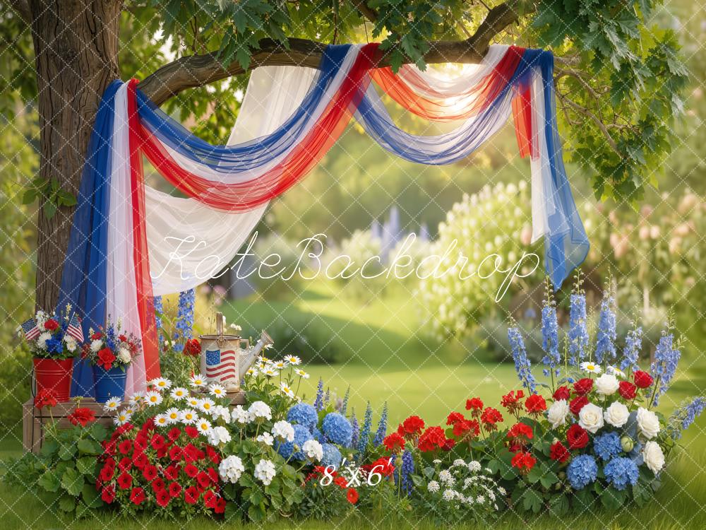 Kate 4th Of July Patriotic Red White Blue Drapes Garden Flowers Printed Backdrop Designed by Emetselch