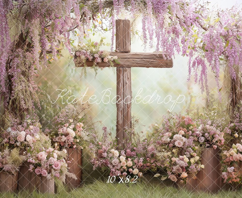 Kate Spring Wooden Cross Wisteria Flower Arch Printed Backdrop Designed by Angela Miller