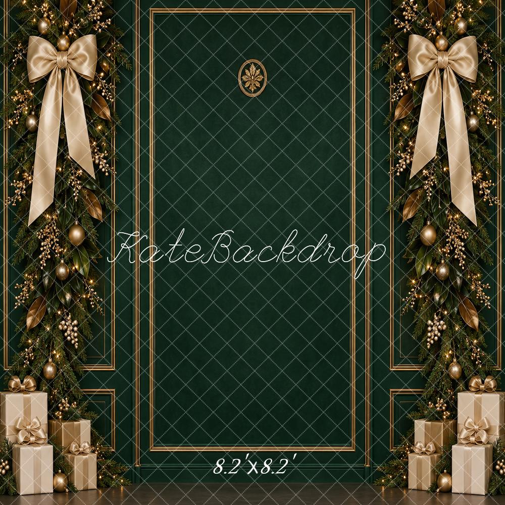 Kate Christmas Green Gold Garland Bows Gifts Printed Backdrop Designed by Vertigo Productions