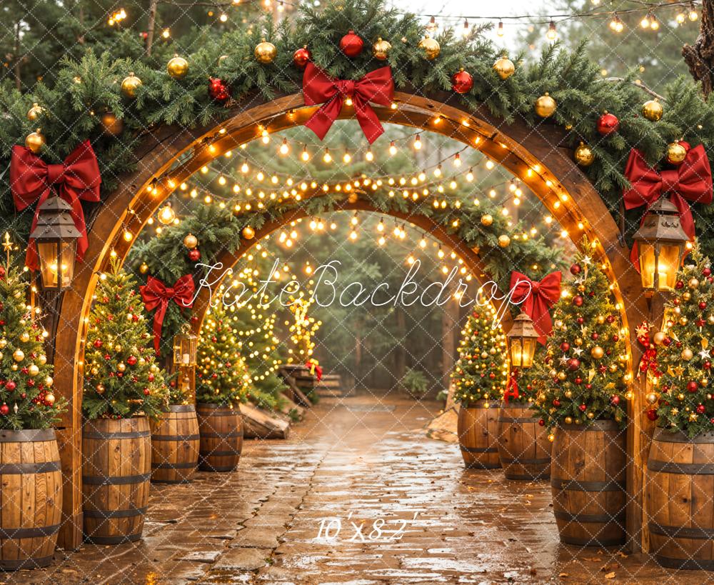 Kate Christmas Wood Arch Garland Barrel Trees Backdrop Designed by Emetselch
