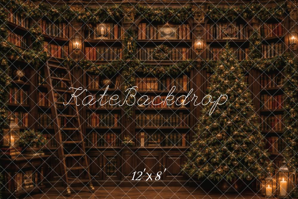 Kate Christmas Library Bookshelves Christmas Tree Ladder Garland Printed Backdrop Designed by Vertigo Productions
