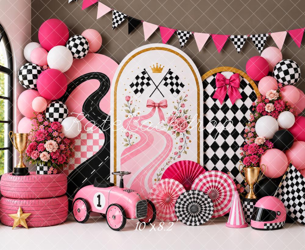 Kate Cake Smash Pink Racing Car Checkered Flag Floral Printed Backdrop Designed by Shutter Swan Studios