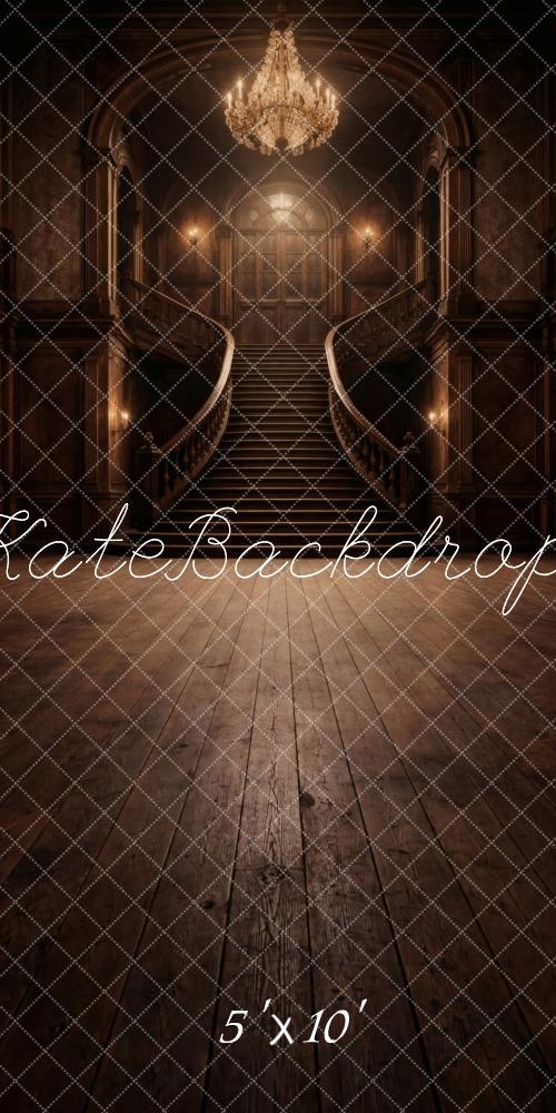 Kate Sweep Cascading Stairs Chandelier Wood Floor Printed Backdrop Designed by Vertigo Productions