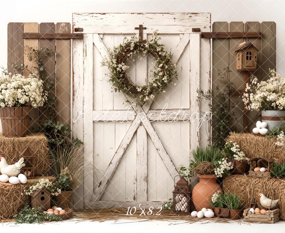 Kate Easter Rustic Barn Door Hay Bales Eggs Chickens Flowers Backdrop Designed by Emetselch