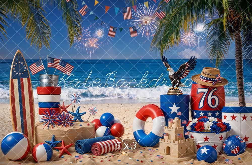 Kate Summer Patriotic Beach Fireworks Surfboard Eagle Sandcastle Printed Backdrop Designed by Emetselch