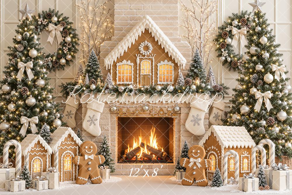 Kate Christmas Gingerbread Fireplace Christmas Trees Wreath Printed Backdrop Designed by Emetselch