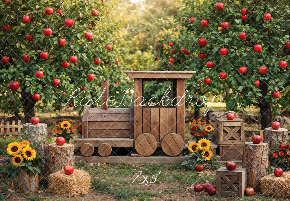 Kate Fall Wooden Train Apple Orchard Sunflowers Printed Backdrop Designed by Mini MakeBelieve