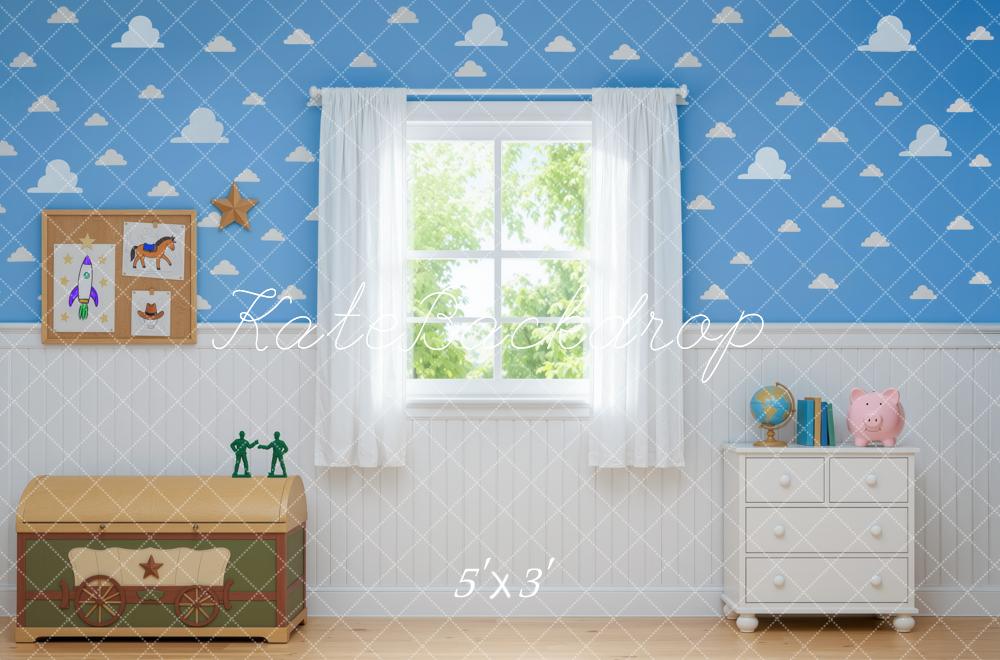 Kate Toys Room Blue Cloud Window Curtains Printed Backdrop Designed by Mini MakeBelieve