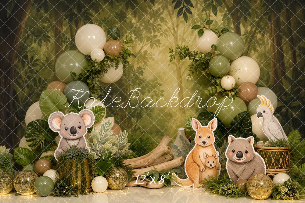 Kate Cake Smash Jungle Koala Kangaroo Wombat Balloon Garland Printed Backdrop Designed by Emetselch