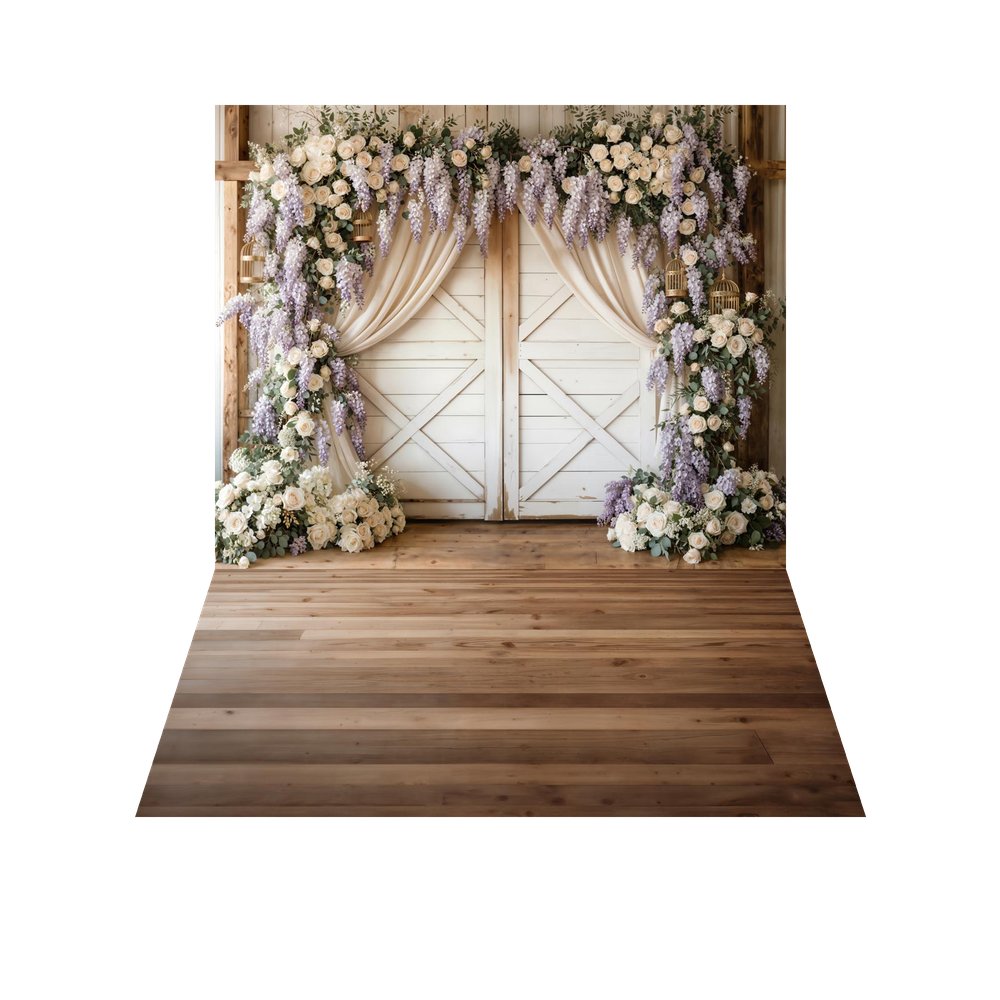 Kate Spring Flower Arch White Barn Door Lavender Roses Backdrop+Brown Wood Plank Floor Backdrop