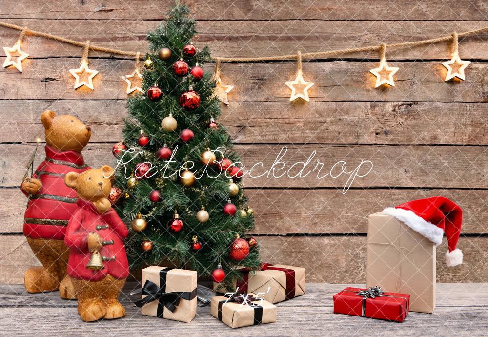 Kate Christmas Tree Bears Presents Rustic Wood Stars Printed Backdrop Designed by Fantasyphotoart