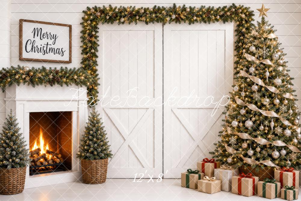 Kate Christmas White Barn Doors Fireplace Tree Gifts Printed Backdrop Designed by Shutter Swan Studios