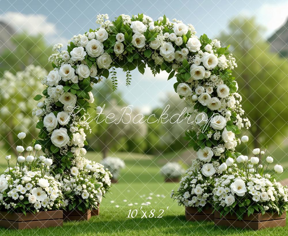 Kate Spring Flower Arch White Roses Garden Printed Backdrop Designed by Mini MakeBelieve