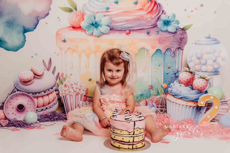 Cake Making Activity Backdrop Whimsical Watercolor Cake Celebration Backdrop