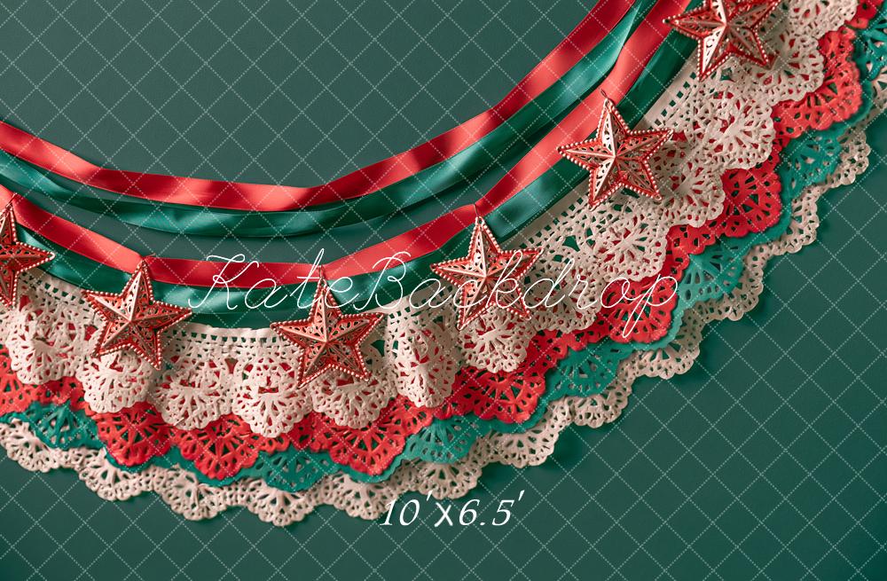 Kate Christmas Cultural Teal Lace Ribbon Flags Stars Printed Backdrop Designed by Angela Miller