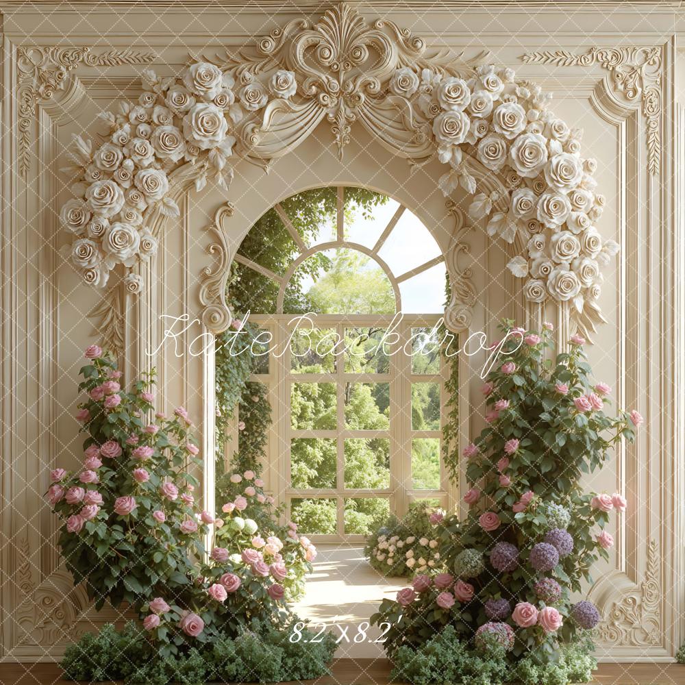 Kate Flower Arch Ornate Cream Wall Window Garden Backdrop Designed by Mini MakeBelieve