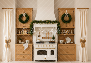Kate Christmas Kitchen Garland Wreath Wood Cabinets Curtains Printed Backdrop Designed by Emetselch