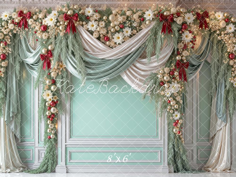 Kate Christmas Mint Green Garland Draped Curtains Printed Backdrop Designed by Mini MakeBelieve