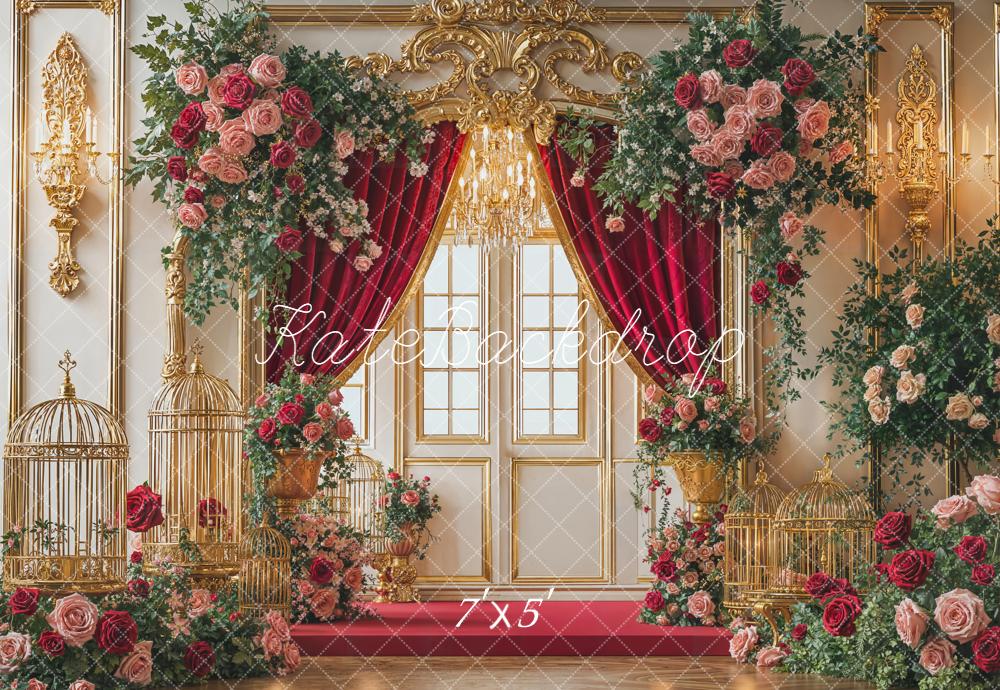 Kate Valentine's Day Red Curtain Gold Door Flower Arch Birdcage Backdrop Designed by Emetselch