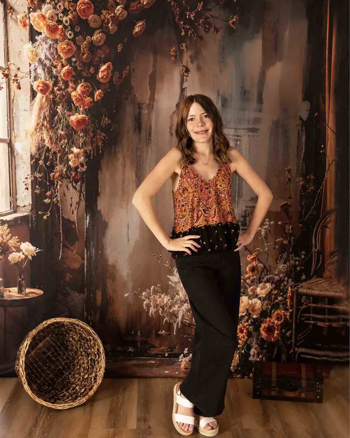 Kate Boho Abstract Dark Brown Indoor Floral Curtain Wall Backdrop Designed by Emetselch