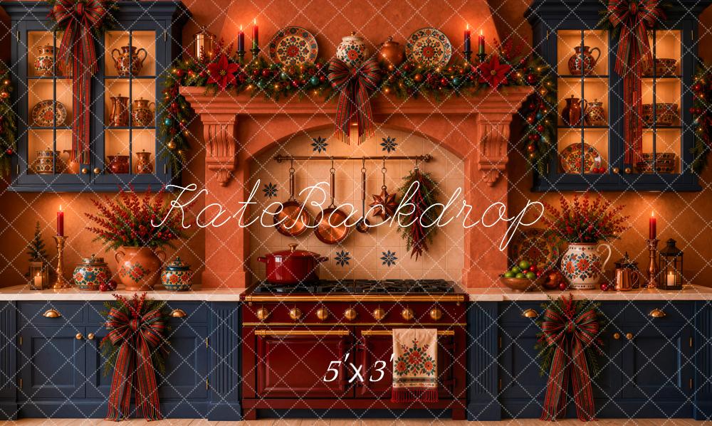 Kate Christmas Navidad Mexican Rustic Kitchen Stove Garland Bow Printed Backdrop Designed by Ashley Ward