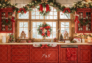 Kerstkeuken Rode Retro Kasten Raam Foto Achtergrond Designed by Emetselch