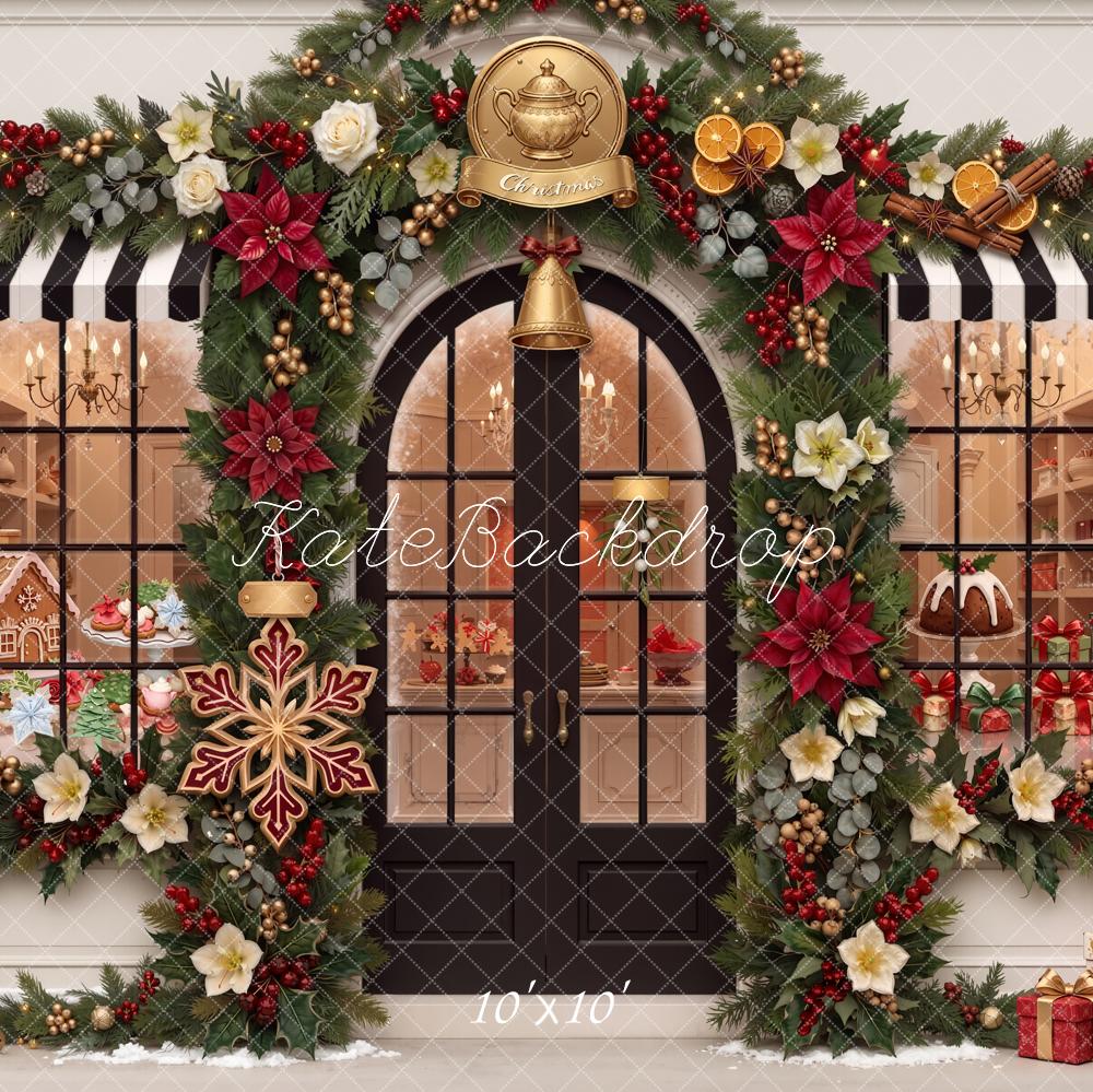 Kate Christmas Shop Front Garland Poinsettia Gifts Printed Backdrop Designed by Chain Photography